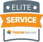 HomeAdvisor Elite Service badge: gray, orange, and white logo with text and stars.