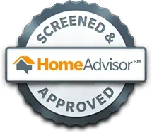 HomeAdvisor "Screened & Approved" badge, featuring a house icon and text on a circular design.
