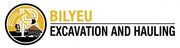 Logo for Bilyeu Excavation and Hauling, featuring a circular icon with an excavator and dump truck on a gold background.