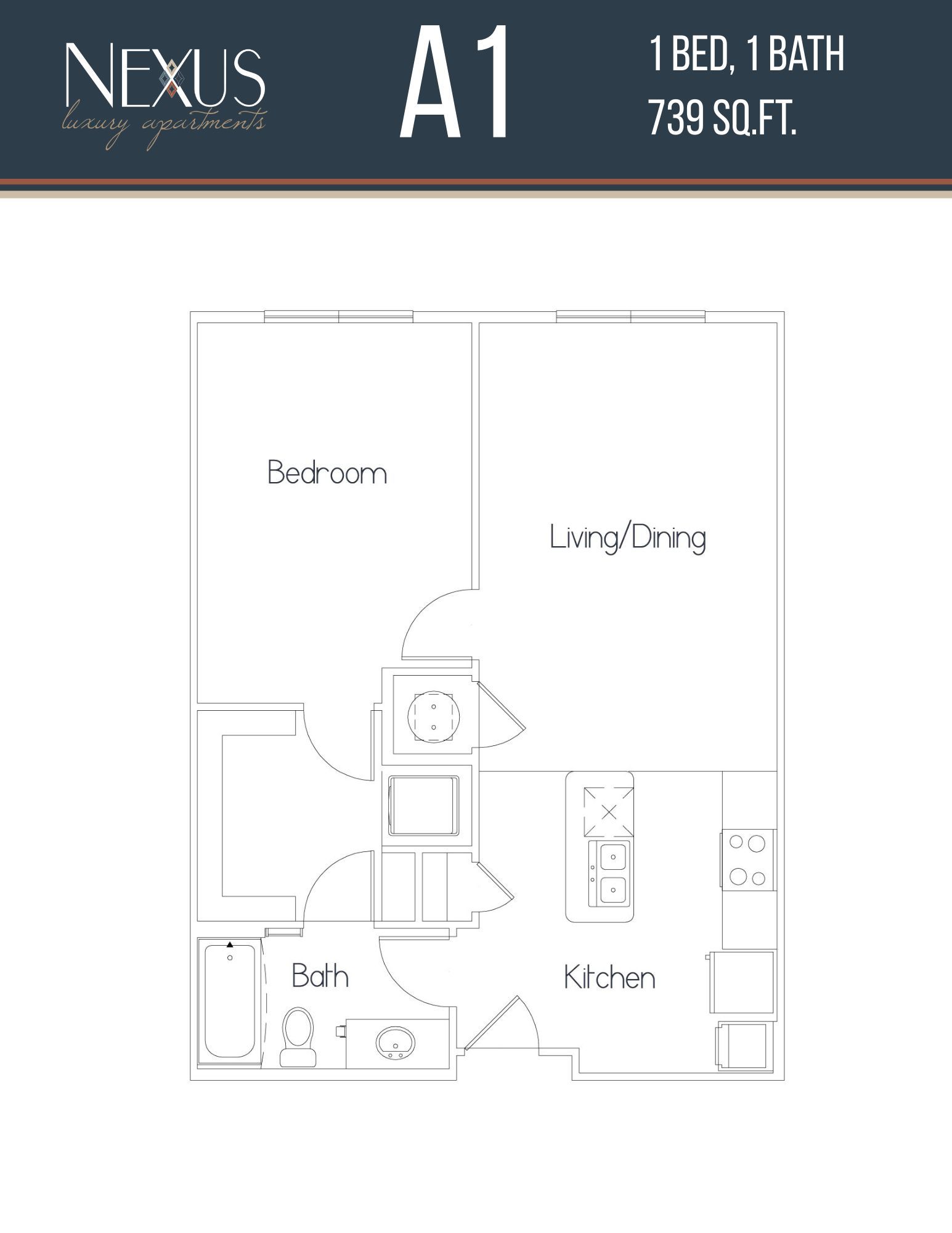 A black and white floor plan of a 1 bedroom apartment.