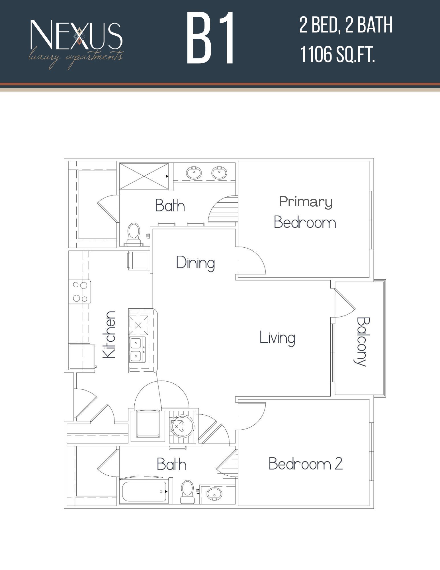 A black and white floor plan of a two bedroom apartment.