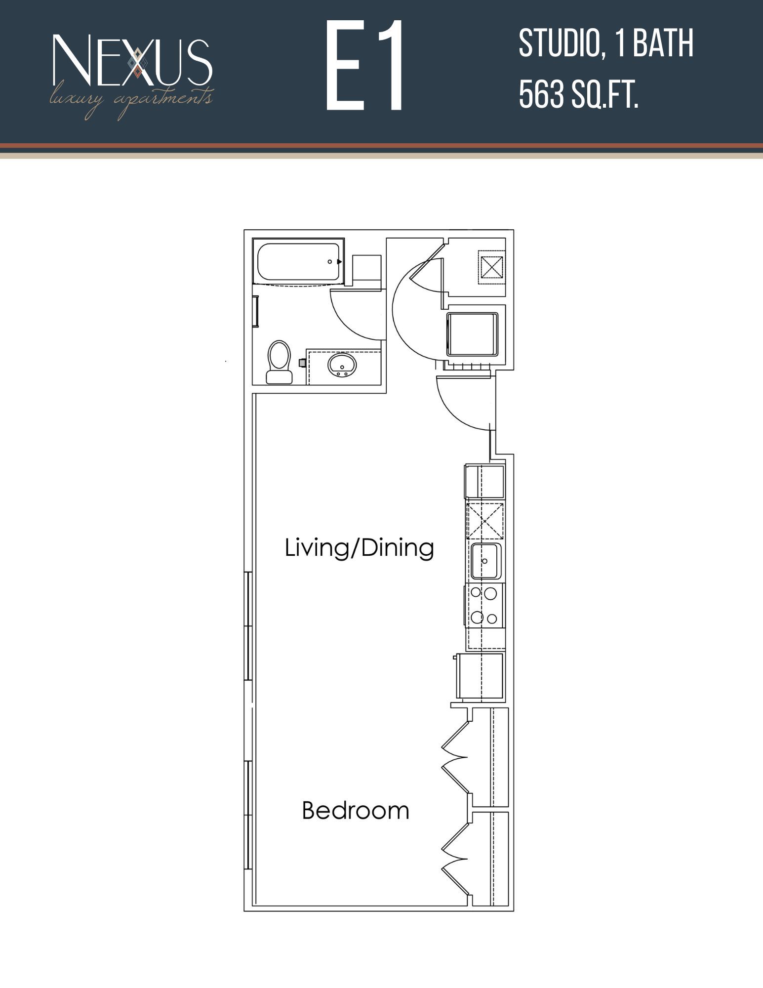 A black and white floor plan of a studio apartment.
