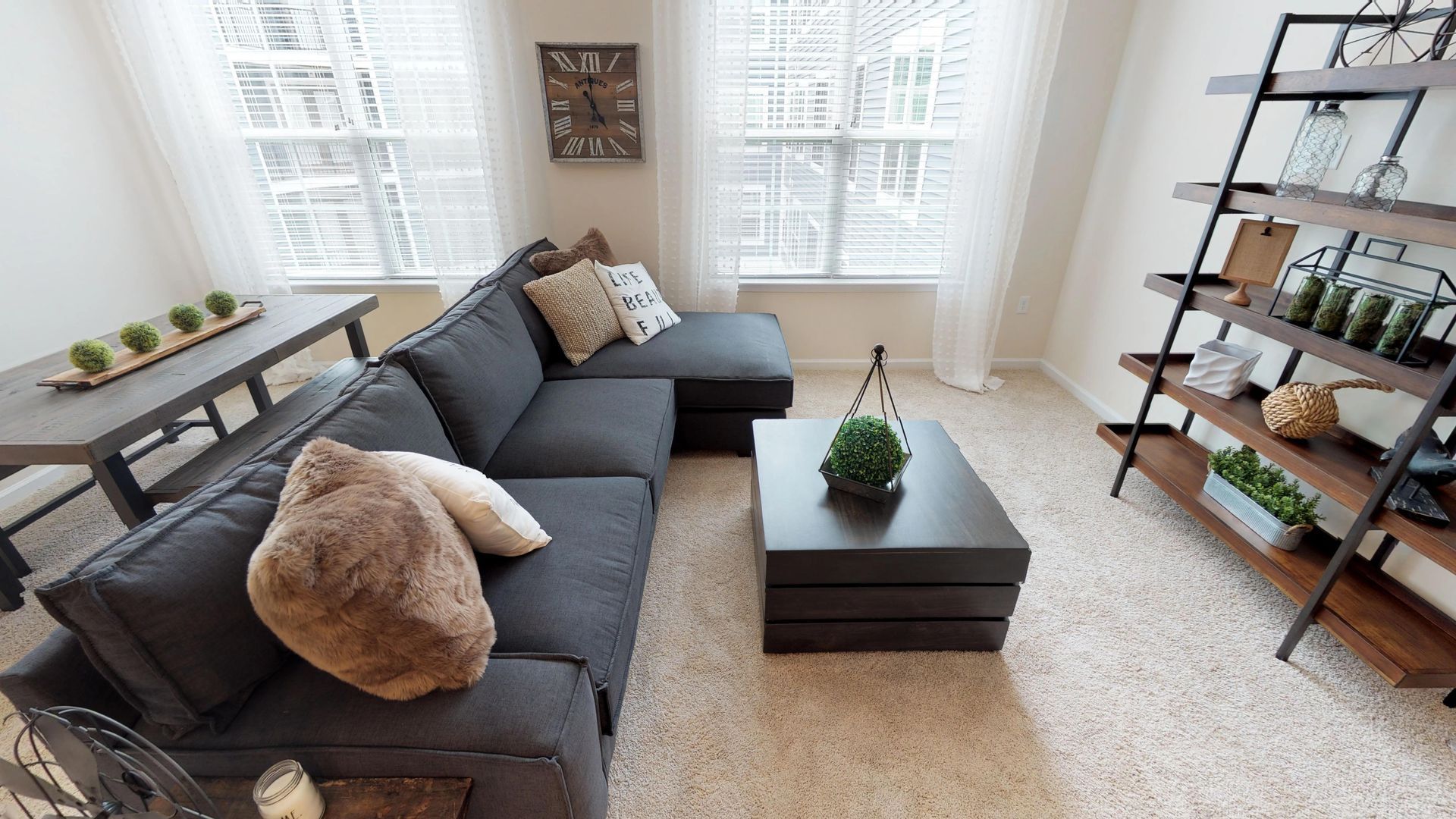 A living room with a couch , coffee table , and shelves.