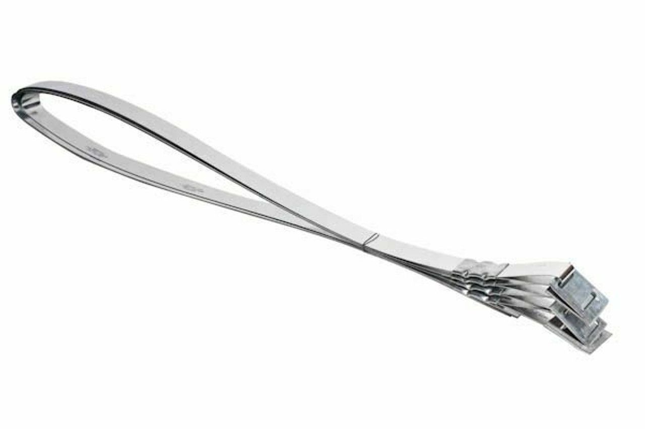 A close up of a stainless steel cable on a white background.