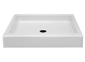 A white square shower base with a black hole in the middle.