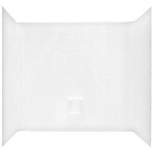 A white shower wall with a drain hole in the middle.