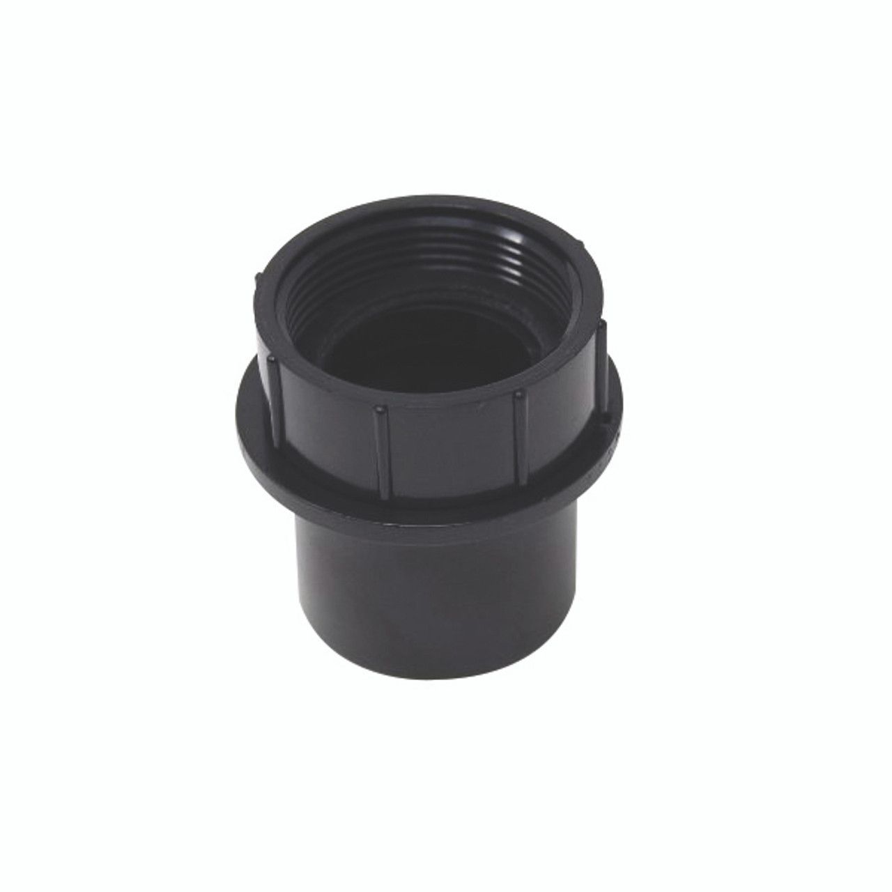 A black plastic pipe connector with a female thread