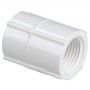 A white plastic pipe fitting with a female thread on a white background.