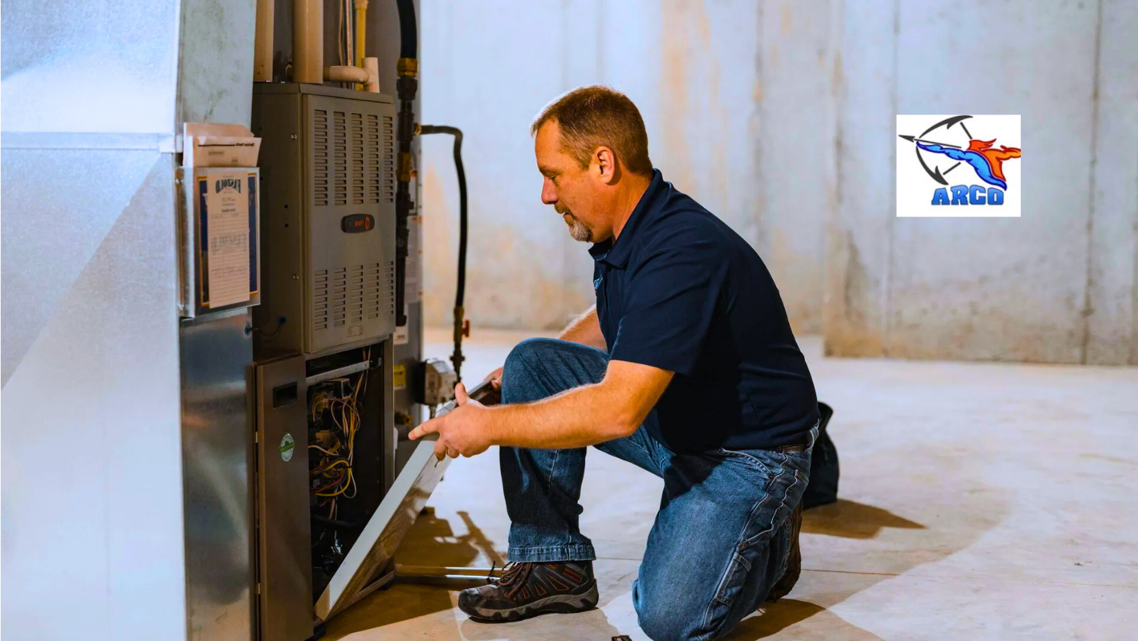 Man kneels, working on a furnace in a basement. The ARCA logo is in the top right.