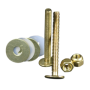 A close up of a brass pipe with nuts and washers on a white background.