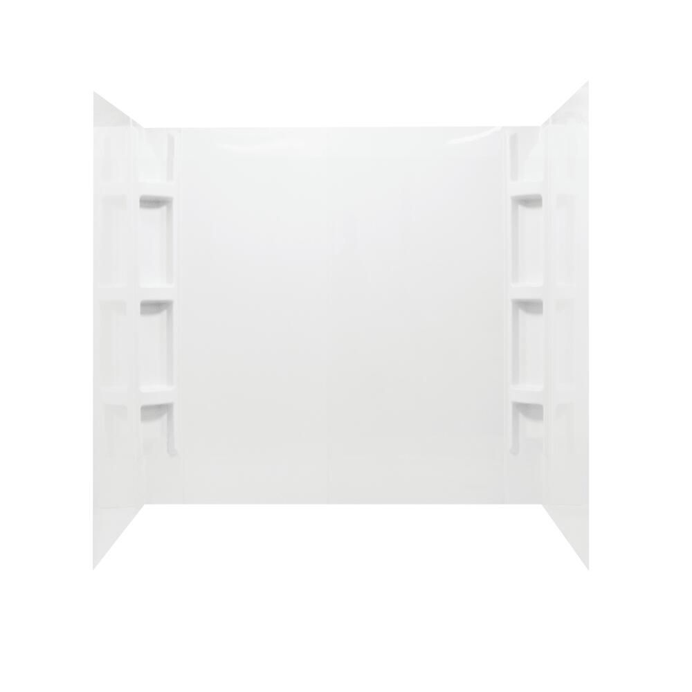 A white shower wall with shelves attached to it on a white background.