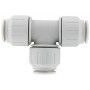 A close up of a plastic tee connector on a white background.