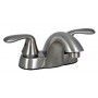 A stainless steel bathroom sink faucet with two handles on a white background.