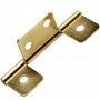 A close up of a brass hinge on a white background.