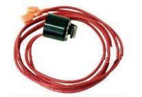 A close up of a red wire with a black connector on a white background.