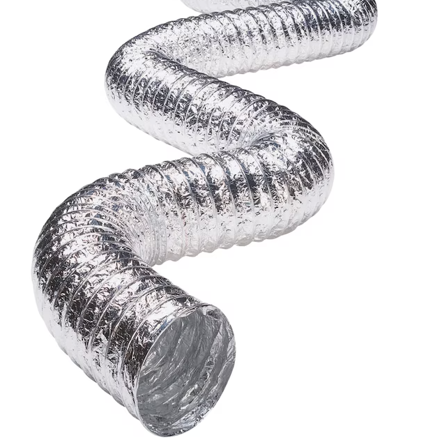A close up of a silver hose on a white background