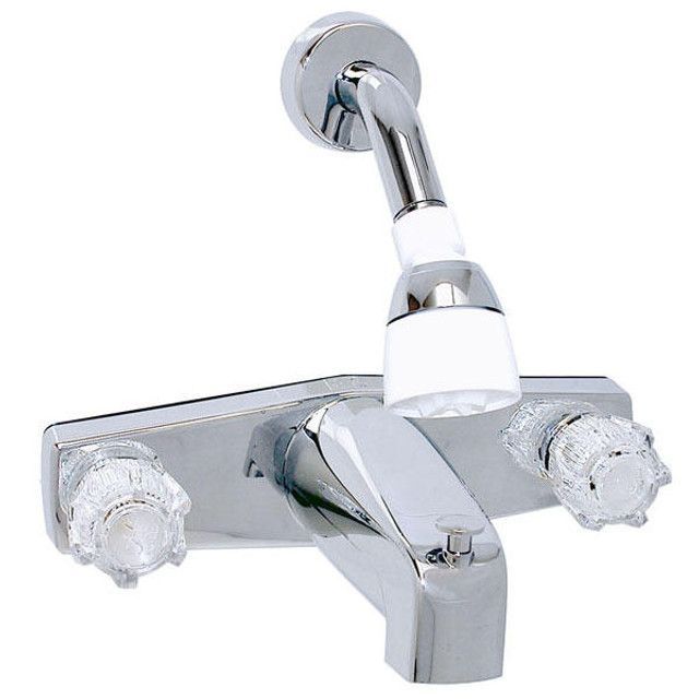 A chrome bathtub faucet with clear handles and a shower head