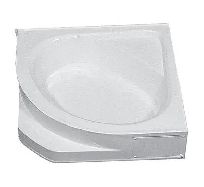 A white bathtub is sitting on top of a white surface.