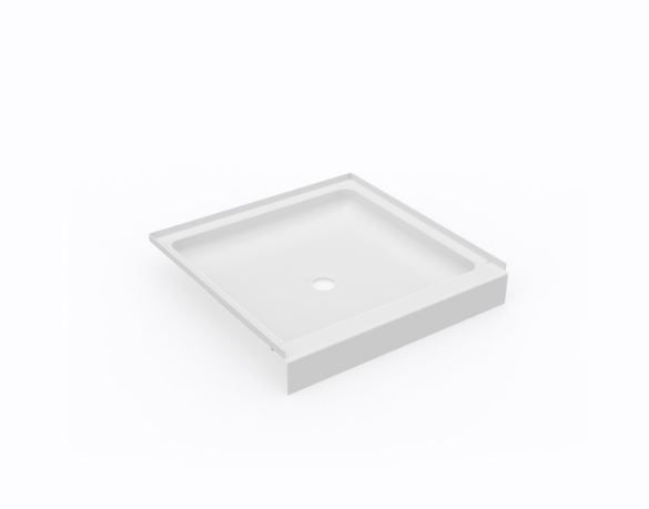 A white shower tray is sitting on a white surface.