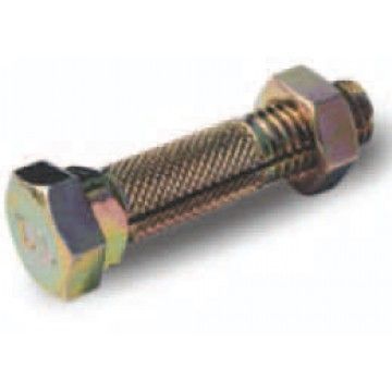 A close up of a bolt and nut on a white background.