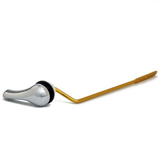 A close up of a toilet handle on a white background.