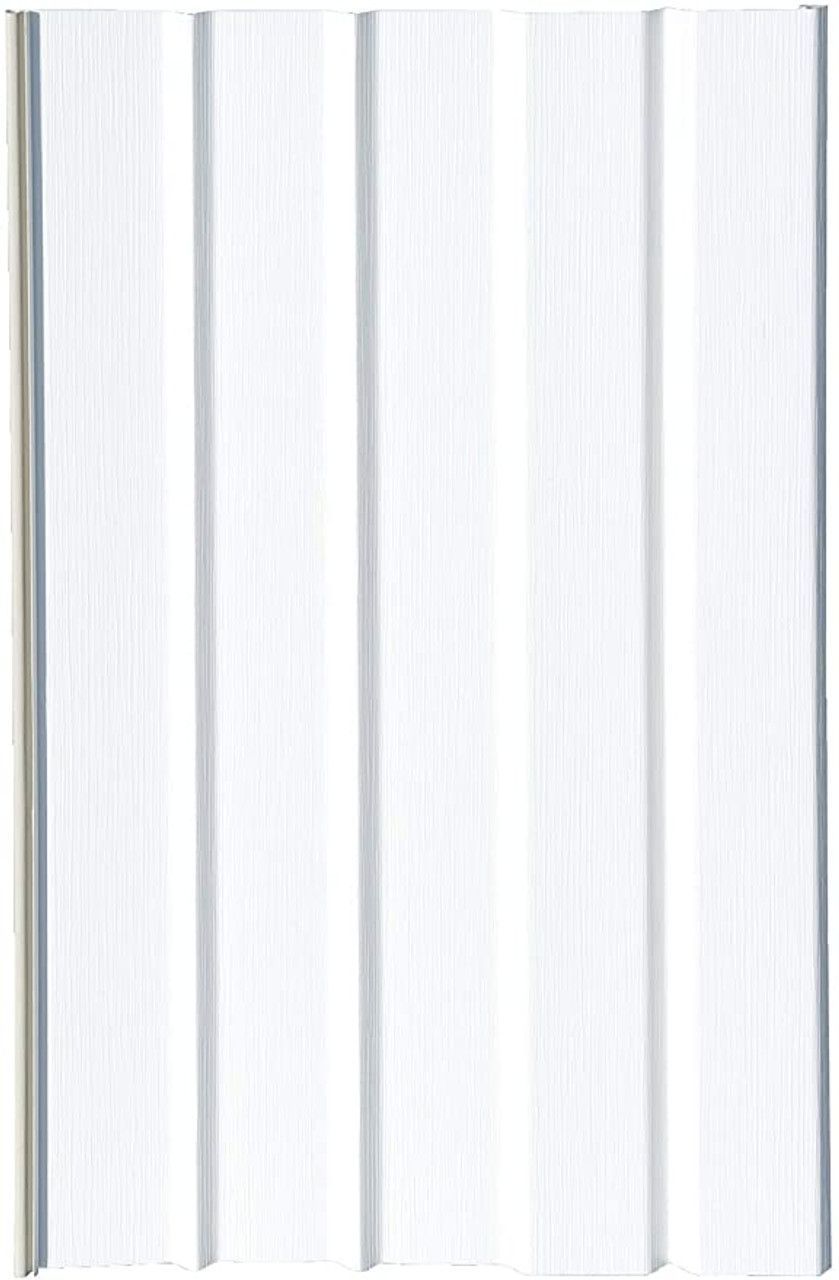 A close up of a white siding panel on a white background.