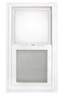 A white window with a screen on it on a white background.