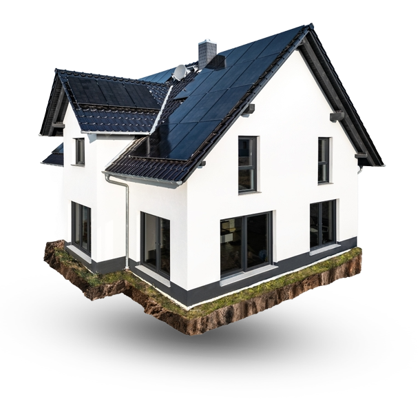 White house with black roof, solar panels, and windows. Floating over soil.