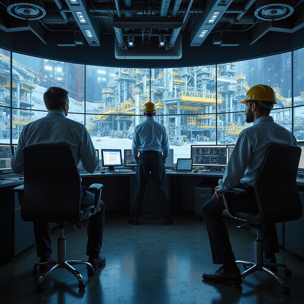 AI picture of a control room overlooking a plant, which is not good practice in the 21st century