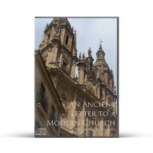 Book cover: Cathedral facade with title "An Ancient Letter to a Modern Church" by C. Mark Land.