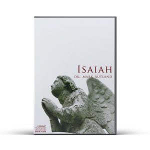 DVD cover: Stone angel with text "Isaiah" and "Dr. Mark Rutland." White background.