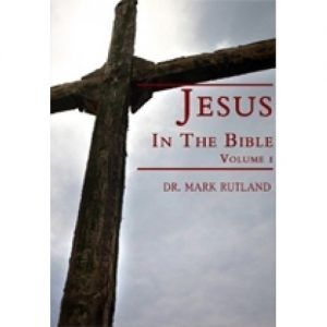 Book cover: Title "Jesus in The Bible," Volume 1, with a wooden cross against a cloudy sky.