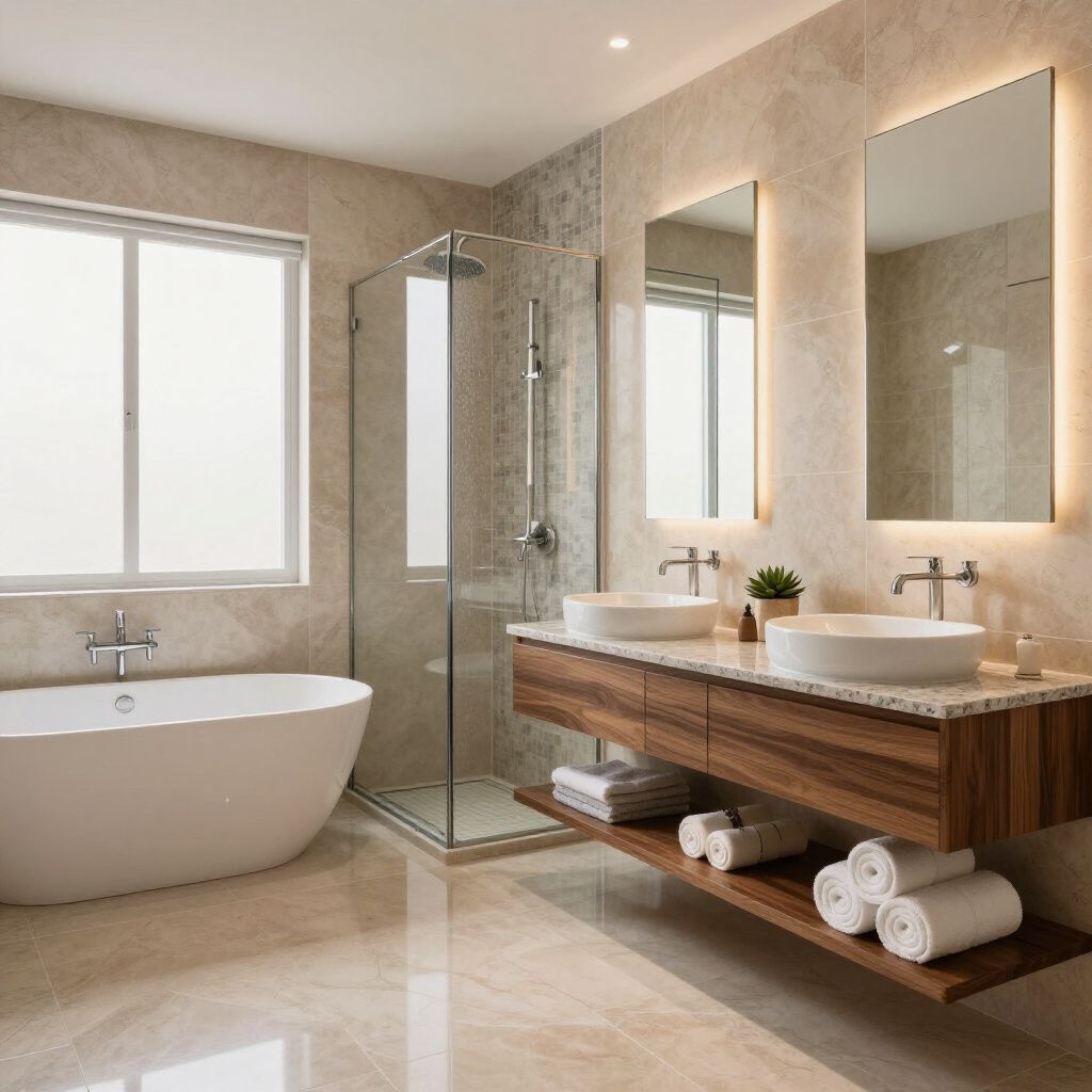 Modern bathroom with a bathtub, shower, double vanity, and large window.