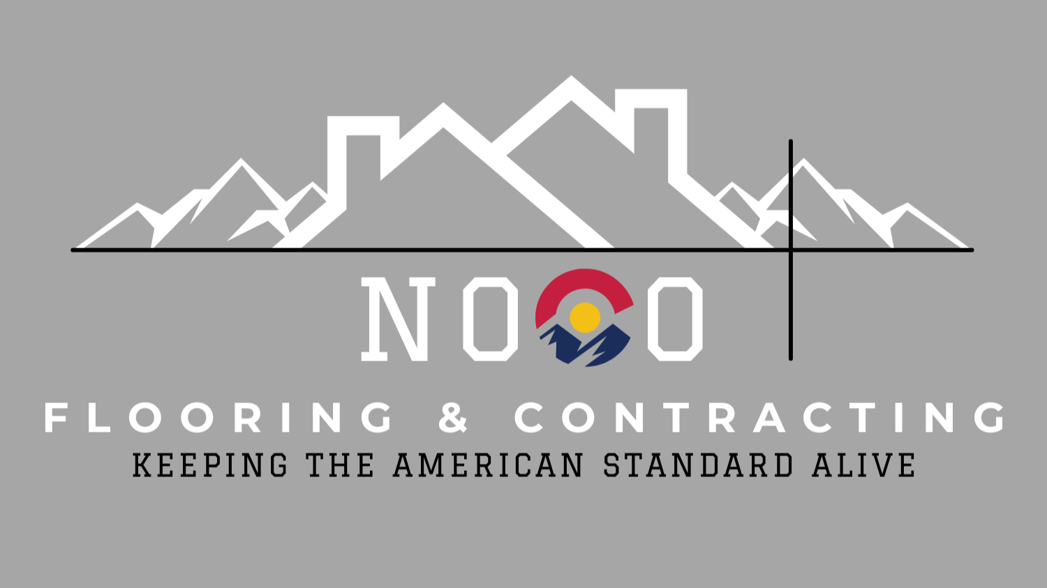 Logo for NOCO Flooring & Contracting, with mountain and house outline above text. Gray, white, and blue colors.