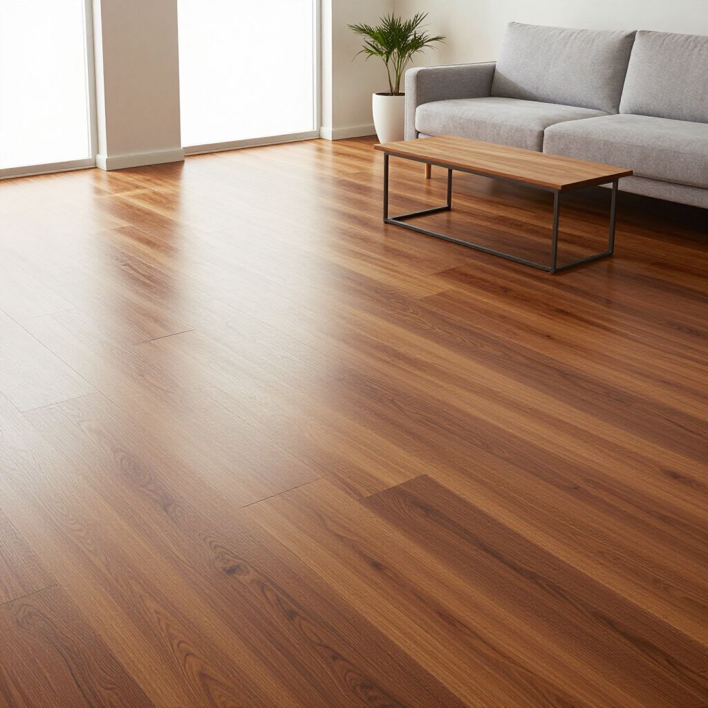 Polished hardwood floor in a room with a couch, table, and plant, near a window.