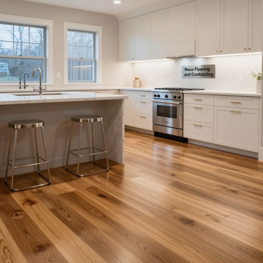 Bright kitchen with wood floors, white cabinets, stainless steel appliances, and a marble countertop island with two stools.