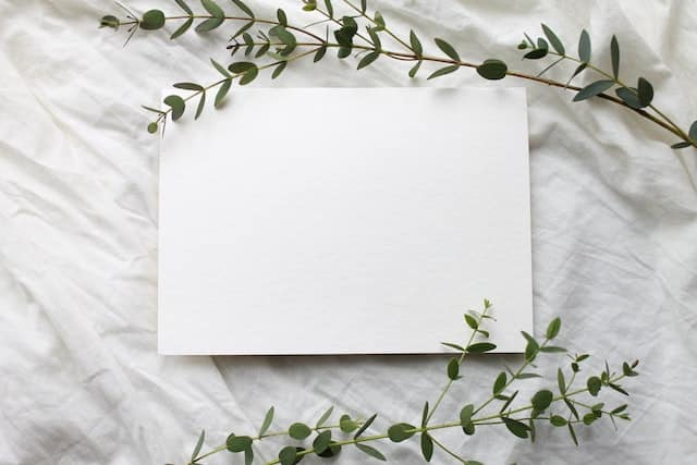 A square piece of paper is surrounded by green leaves on a bed.