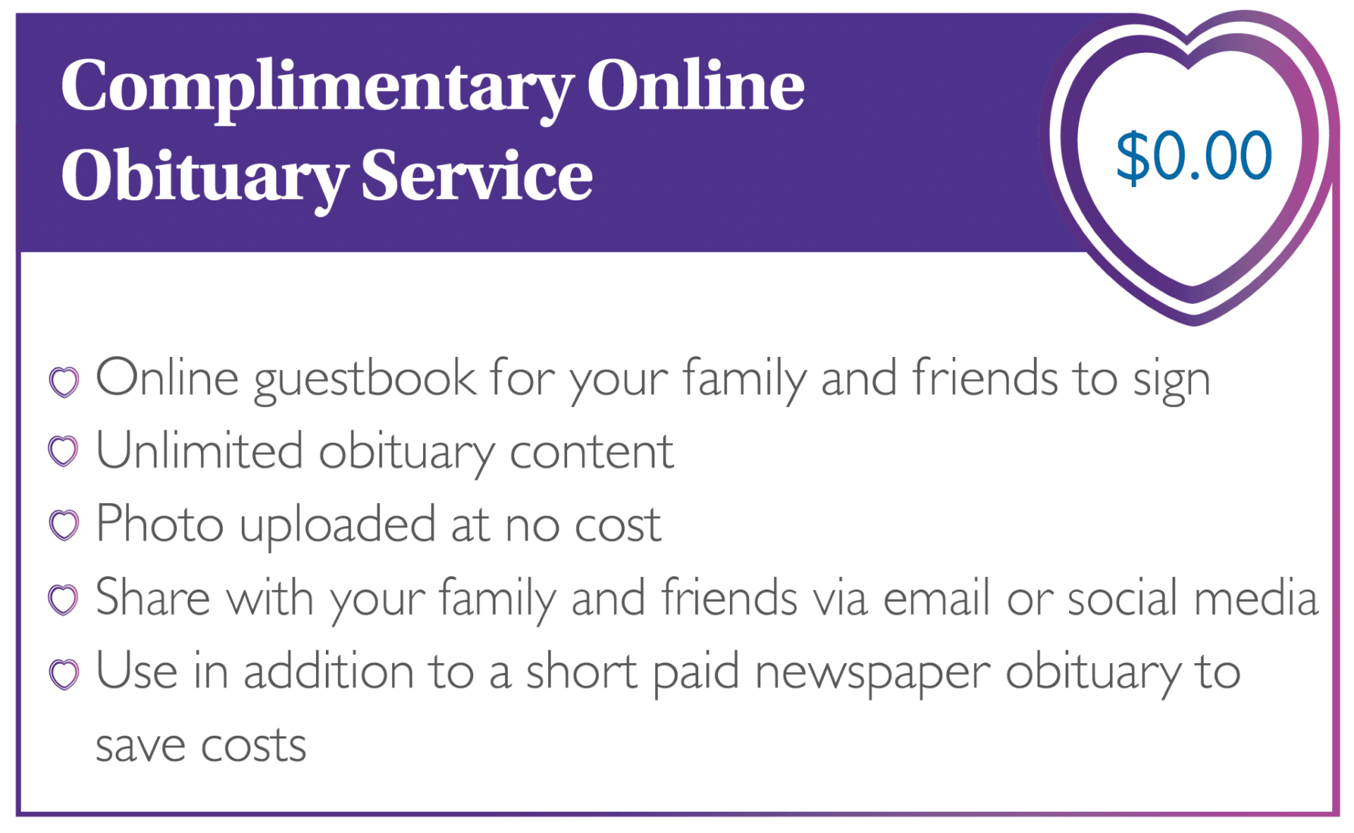 A complimentary online obituary service for $ 0.00