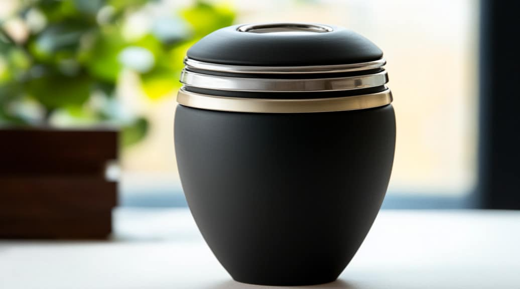 A black urn is sitting on a table in front of a window.