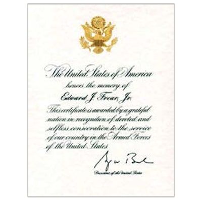 A certificate from the united states of america honors the memory of edward j. freer jr.