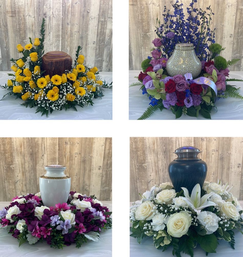 Four pictures of urns surrounded by flowers on a table