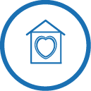 A house with a heart inside of it in a blue circle.