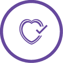 A purple circle with a heart and a check mark inside of it.