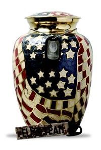 A large urn with an american flag design on it.