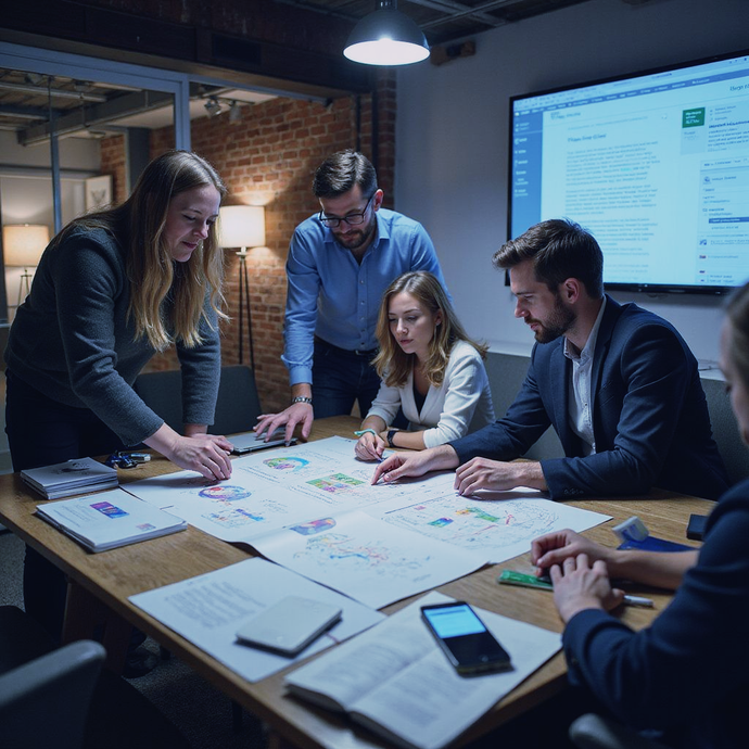 Team of professionals collaborating around a table covered with papers, examining plans in a modern office setting.