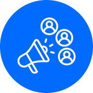 White megaphone projecting towards three person icons, set against a blue circle.