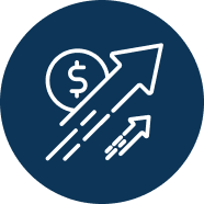 White icon of a dollar coin and two upward-pointing arrows on a blue circle, symbolizing financial growth.