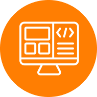 White outline of a computer monitor showing a website design and code on an orange background.