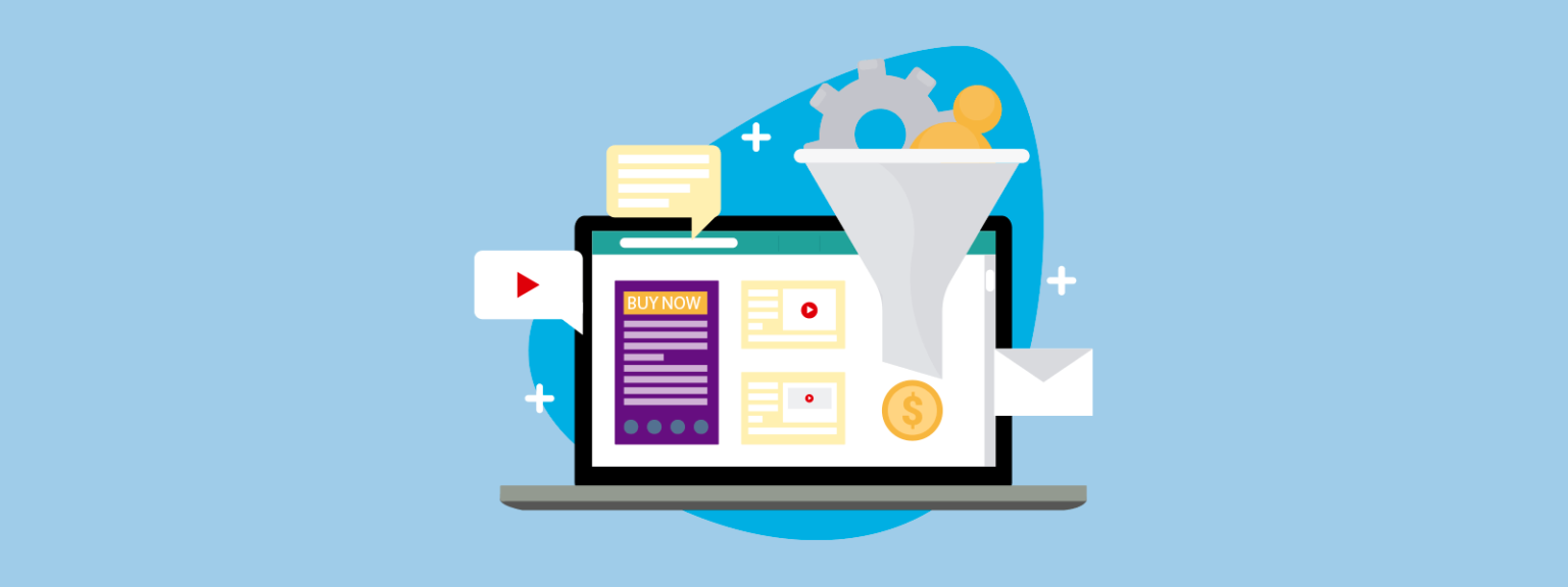 Laptop with a funnel, gears, and coins representing a sales or marketing funnel on a blue background.