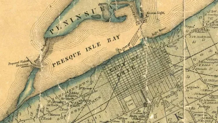Map showing Presque Isle Bay, the City of Erie, and Peninsula. Light brown and blue tones.